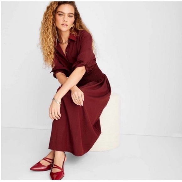 Future Collective Dresses & Skirts - 🆕 Future Collective Smock Waist Long Sleeve Collared Midi Dress Burgundy | NWT